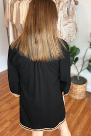 Black Plus Size Color Block Striped Trim V Neck Long Sleeve Shift Mini Dress