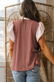 Vineyard Green Plus Size Contrast Frilled Neckline Ruffled Short Sleeve Ribbed Textured Blouse