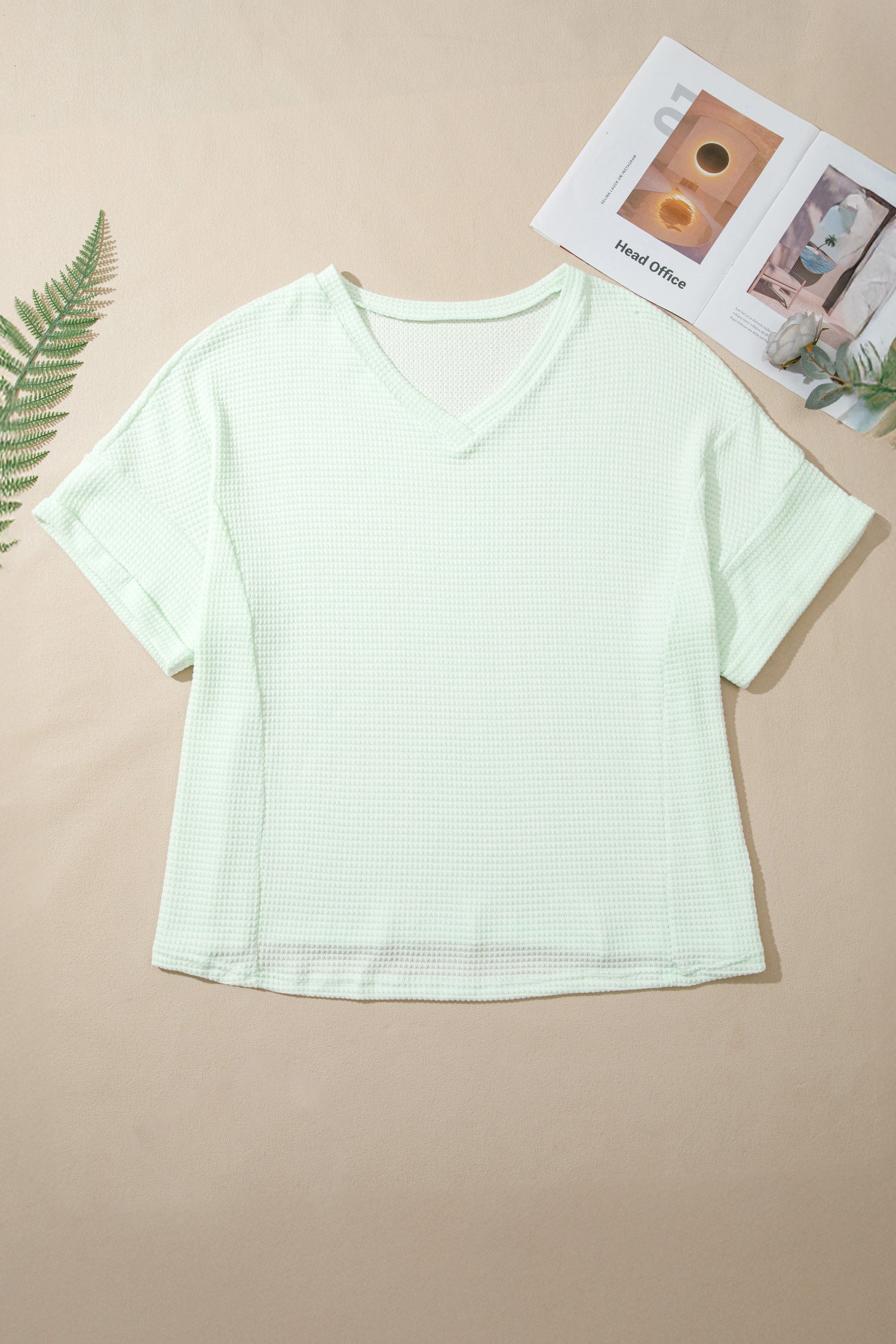 Clearly Aqua V Neck Short Sleeve Plus Size Waffle Knit Top