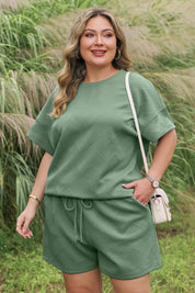 Mineral Blue Plus Size Textured Short Sleeve Top Drawstring Shorts Set