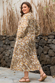 Khaki Abstract Plant Print Loose Plus Size Long Dress
