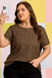Khaki Plus Size Leopard Print Ribbed Trim Round Neck Tee