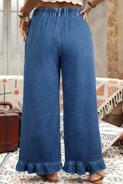 Sail Blue Plus Size Elastic Waist Ruffled Wide Leg Denim Pants