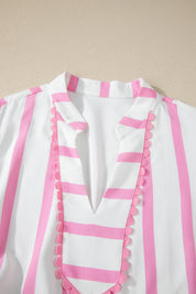 Pink Stripe Plus Size V Neck Short Puff Sleeve Tiered Maxi Dress