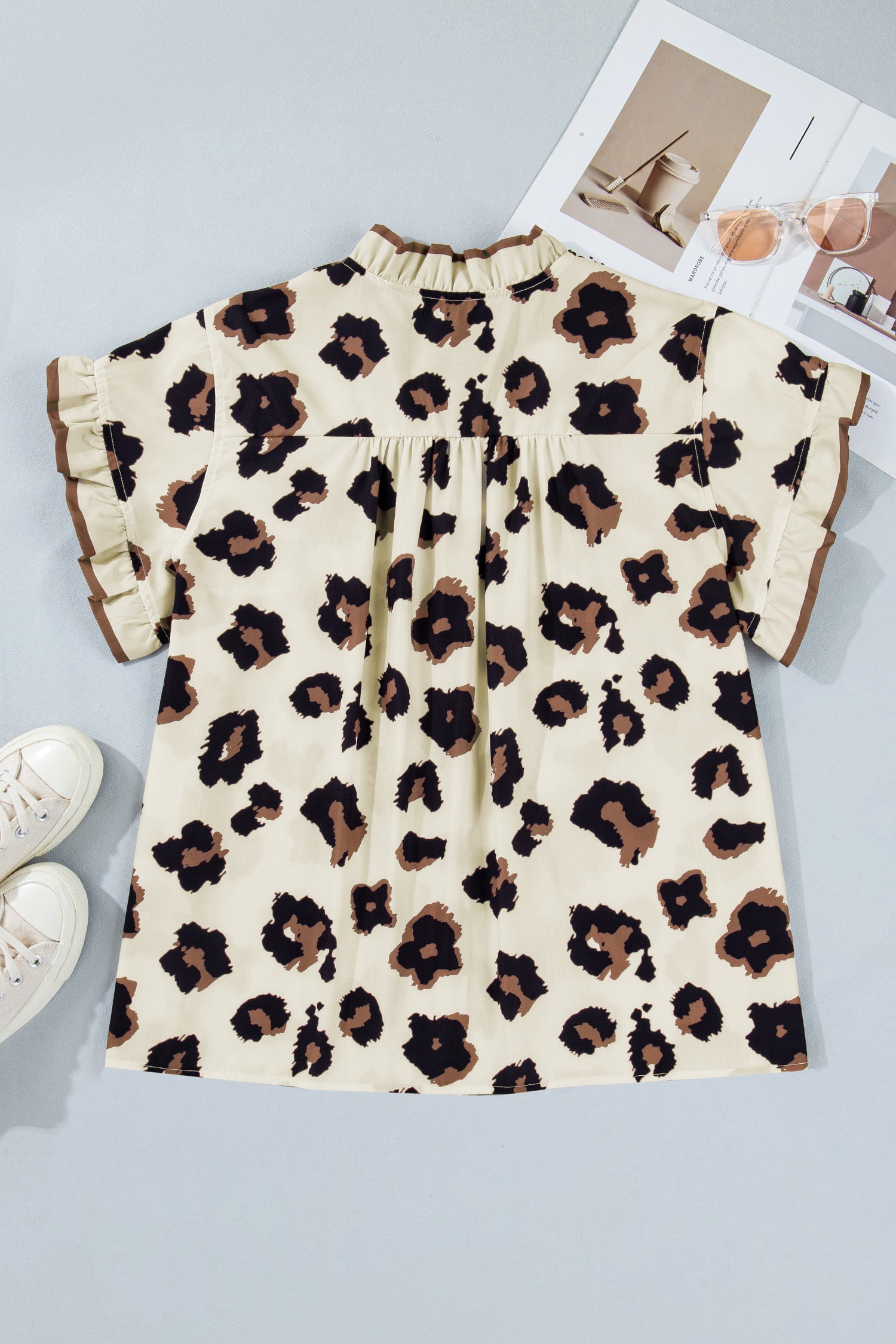 Khaki Plus Size Leopard Print Frilled Color Block Trim Button Down Short Sleeve Blouse