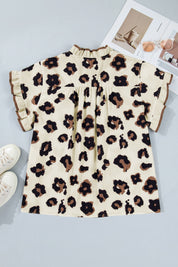 Khaki Plus Size Leopard Print Frilled Color Block Trim Button Down Short Sleeve Blouse