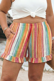 Orange Stripe Plus Size Elastic Waist Ruffle Hem Shorts