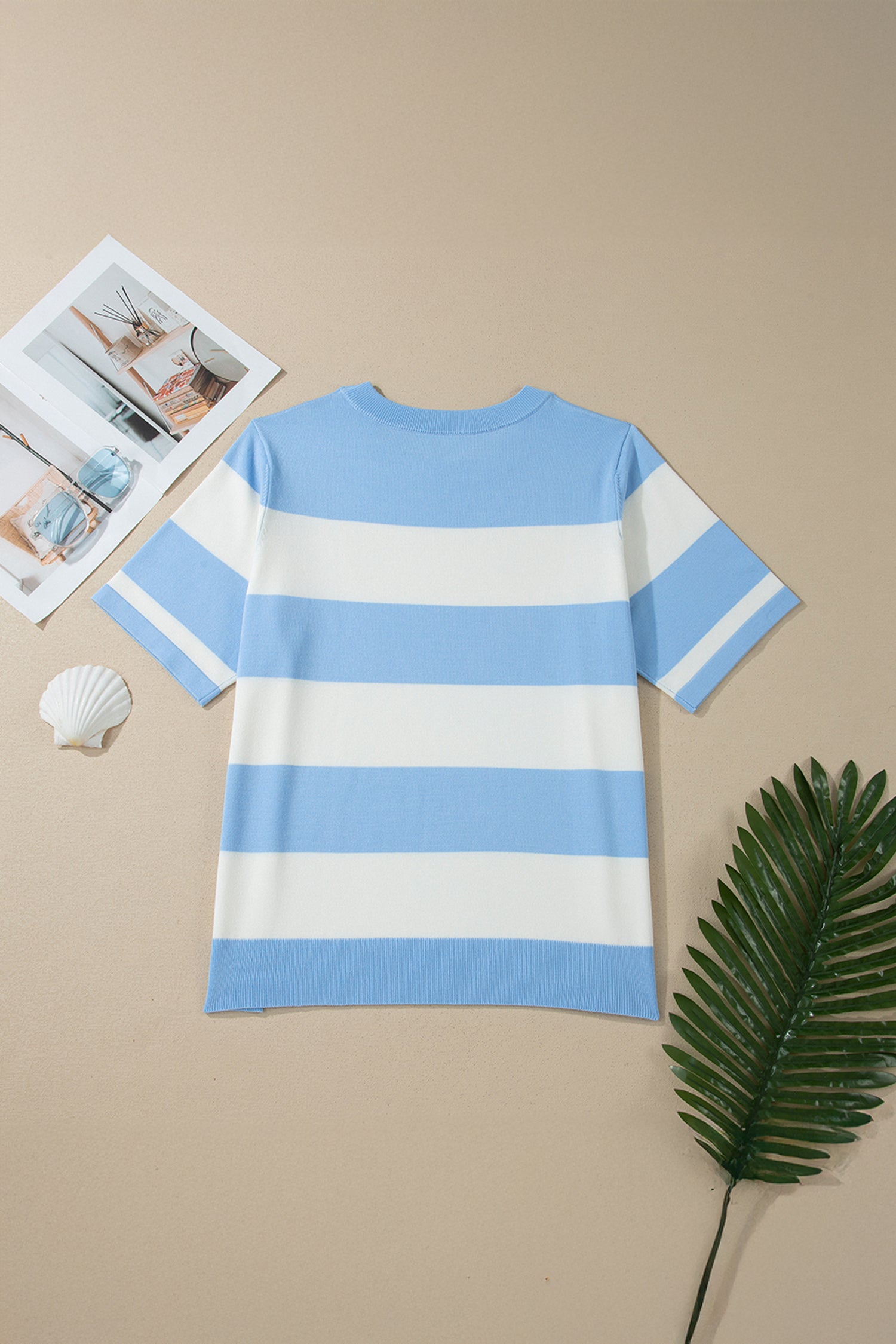 Sky Blue Stripe Colorblock Plus Size Short Sleeve Sweater