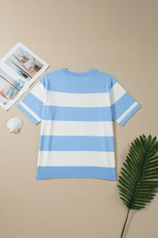 Sky Blue Stripe Colorblock Plus Size Short Sleeve Sweater