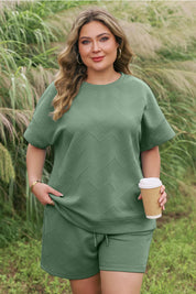 Mineral Blue Plus Size Textured Short Sleeve Top Drawstring Shorts Set