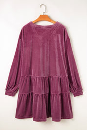 Meadow Mauve Plus Size Textured Velvet Tiered Buttons Tiered Dress