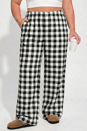 Black Plus Size Plaid Pattern Elastic Waist Shift Pants
