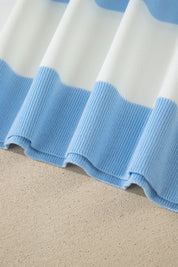 Sky Blue Stripe Colorblock Plus Size Short Sleeve Sweater