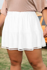 White Plus Size Frilled Elastic Waist Lace Trim Boho Ruffled Shorts
