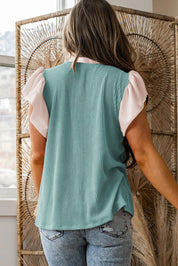 Vineyard Green Plus Size Contrast Frilled Neckline Ruffled Short Sleeve Ribbed Textured Blouse