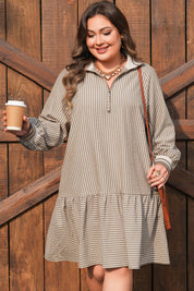Khaki Stripe Zip up Collared Puff Sleeve Ruffled Plus Size Mini Dress