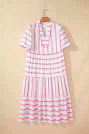 Pink Stripe Plus Size V Neck Short Puff Sleeve Tiered Maxi Dress