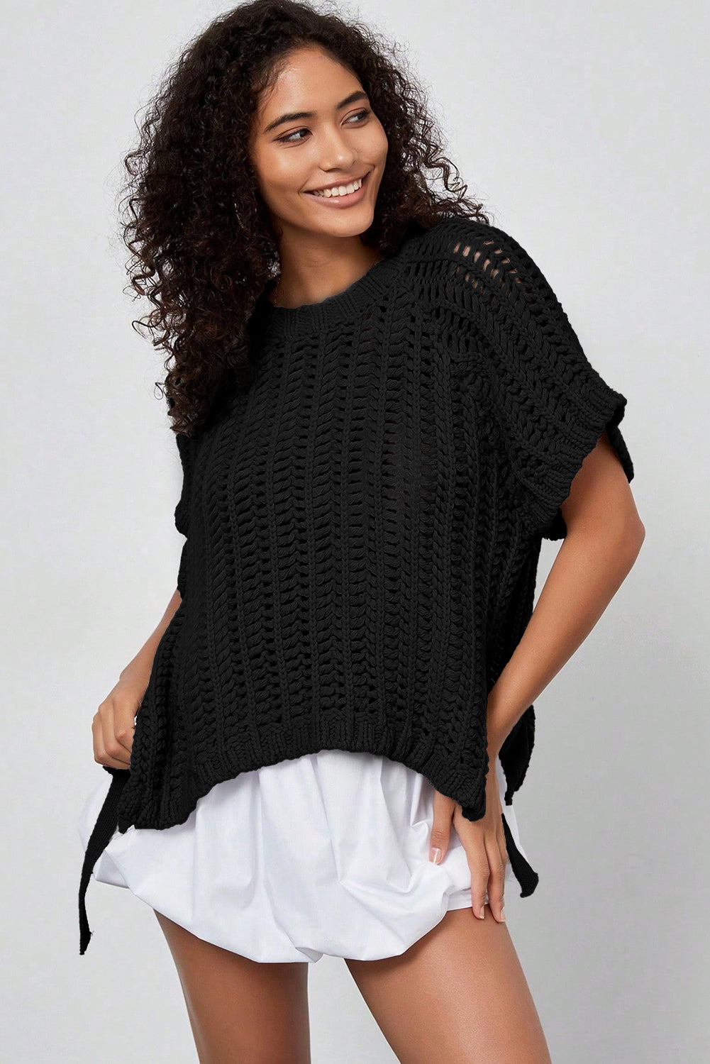 White Plus Size Open Knit Bow Tie Short Sleeve Sweater