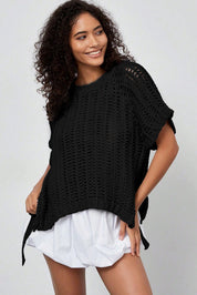 White Plus Size Open Knit Bow Tie Short Sleeve Sweater