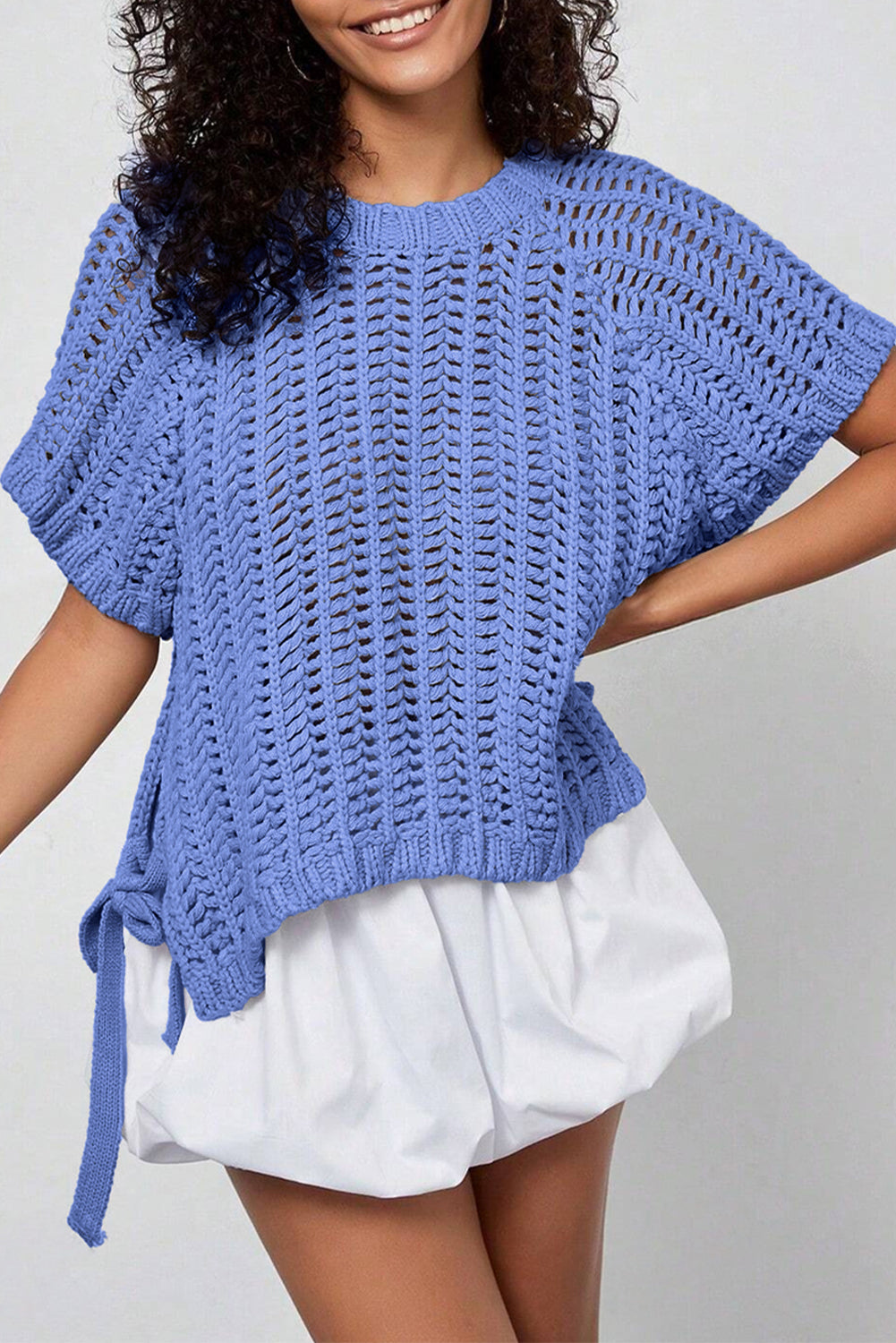 White Plus Size Open Knit Bow Tie Short Sleeve Sweater