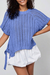 White Plus Size Open Knit Bow Tie Short Sleeve Sweater