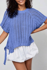 White Plus Size Open Knit Bow Tie Short Sleeve Sweater