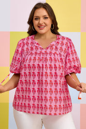 Pink Plus Size Floral Print Tassel Tie Puff Sleeve Cotton Blouse
