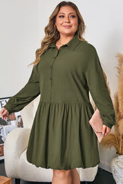 Four Leaf Clover Plus Size Collar Half Button Long Sleeve Ruffle Hem Mini Dress