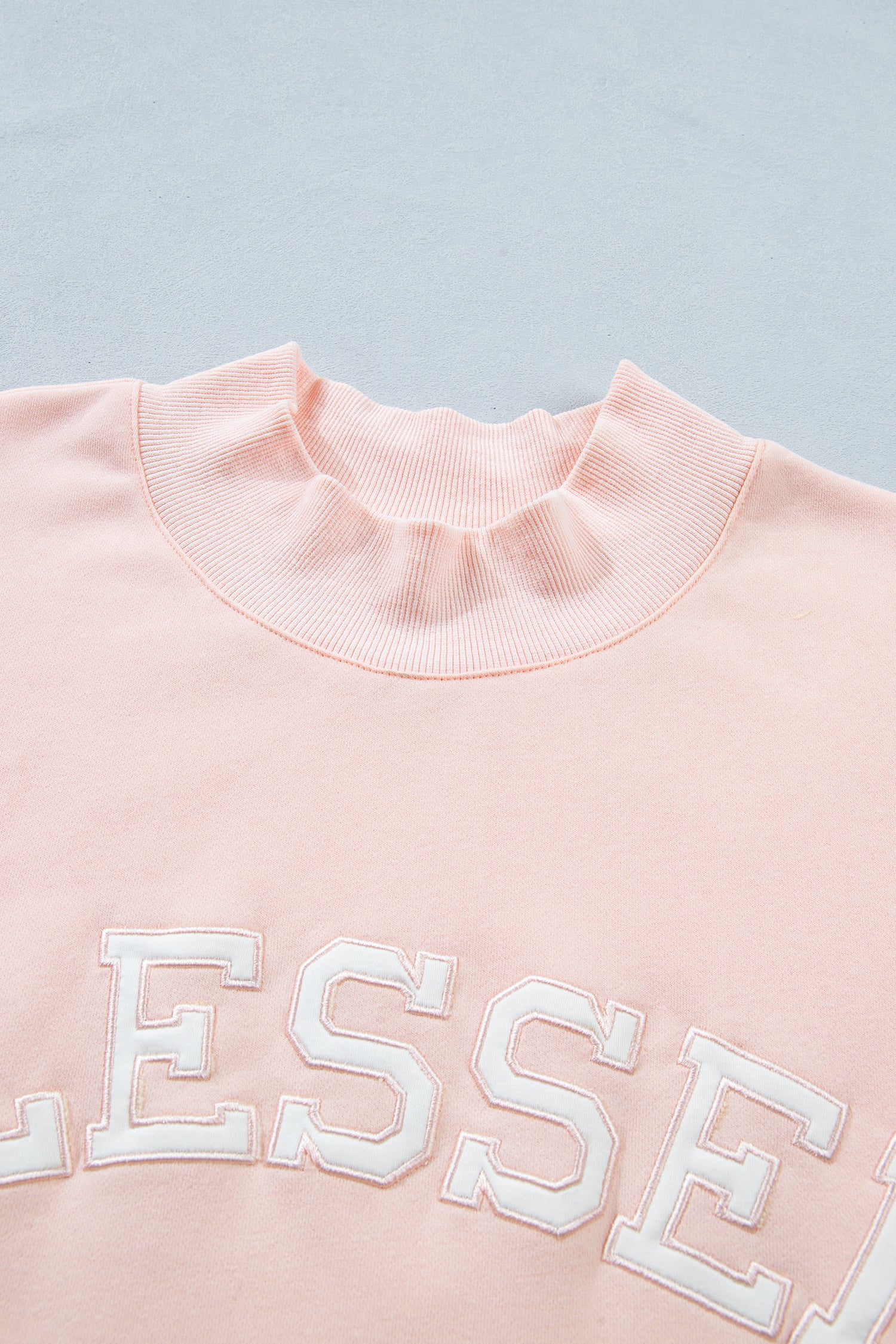 Light Pink BLESSED Embroidered Trim Patch Graphic Plus Size Mock Neck Sweatshirt