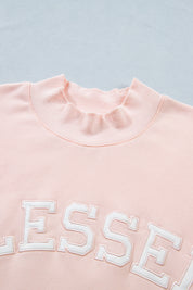 Light Pink BLESSED Embroidered Trim Patch Graphic Plus Size Mock Neck Sweatshirt
