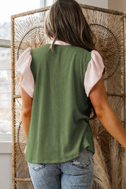 Vineyard Green Plus Size Contrast Frilled Neckline Ruffled Short Sleeve Ribbed Textured Blouse
