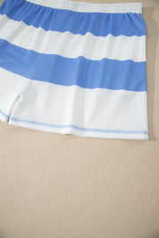 Sky Blue Stripe Drop Shoulder Zipped Collar T Shirt Plus Size Shorts Set