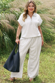 Light Grey Half Zip Polo Tee Loose Pants Plus Size 2pcs Outfit