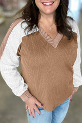 Coffee V Neck Lace Sleeve Patchwork Plus Size Blouse