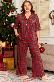 Red Plus Size Plaid Short Sleeve Shirt Loose Pants 2pcs Pajama Set