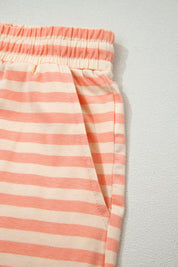 Pink Stripe Drop Shoulder T Shirt and Shorts Plus Size Summer Set