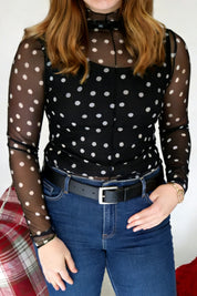Black Plus Size Mock Neck Polka Dot Long Sleeve Mesh Top