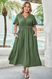 Four Leaf Clover Surplice Neckline Shirred High Waist Plus Size Maxi Dress