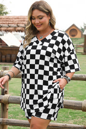 Black Checkered Pattern Tee and Shorts Plus Size Two Piece Set