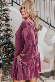 Meadow Mauve Plus Size Textured Velvet Tiered Buttons Tiered Dress