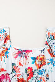 White Floral Square Neck Puff Sleeve Flowy Plus Size Midi Dress