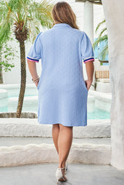 Beau Blue Contrast Striped Trim Zipped Stand Collar Textured Puff Sleeve Plus Size T Shirt Dress