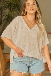 White Pointelle Rhombus Knit Plus Size V Neck Loose Top