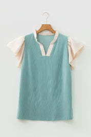 Vineyard Green Plus Size Contrast Frilled Neckline Ruffled Short Sleeve Ribbed Textured Blouse