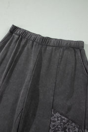Dark Grey Plus Size Leopard Patchwork Mineral Wash Wide Leg Pants