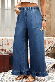 Sail Blue Plus Size Elastic Waist Ruffled Wide Leg Denim Pants