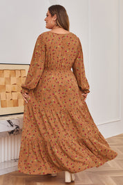 Brown Plus Size Floral Split V Neck Ruffled Sleeve Tiered Maxi Dress