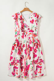 Pink Floral Print V Neck Ruffle Sleeve Plus Size Midi Dress