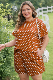 Brown Polka Dot Print Dropped Shoulder Tee Plus Size Short Set
