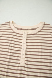 Brown Stripe Plus Size Half Buttons Top and Shorts Set